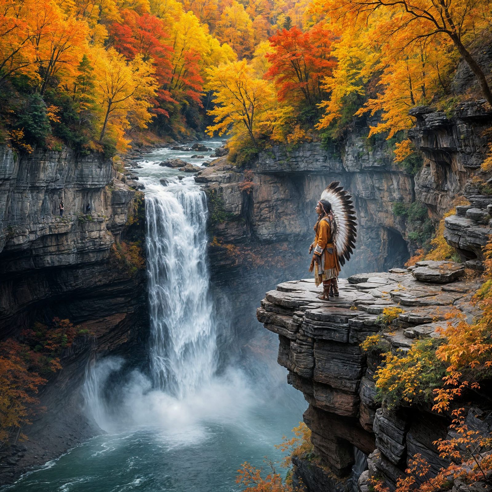 an American Indian standing on a cliff next to a waterfall   by @Chippa