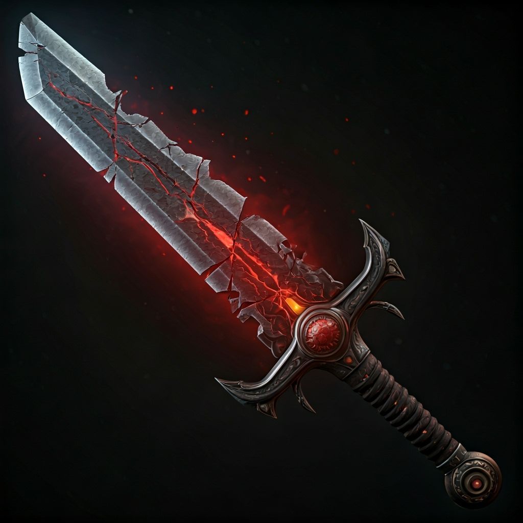 “A broken Martian war sword, with a jagged, meteorite-like blade that has been shattered and chipped at the edges. The blade is cracked in s...