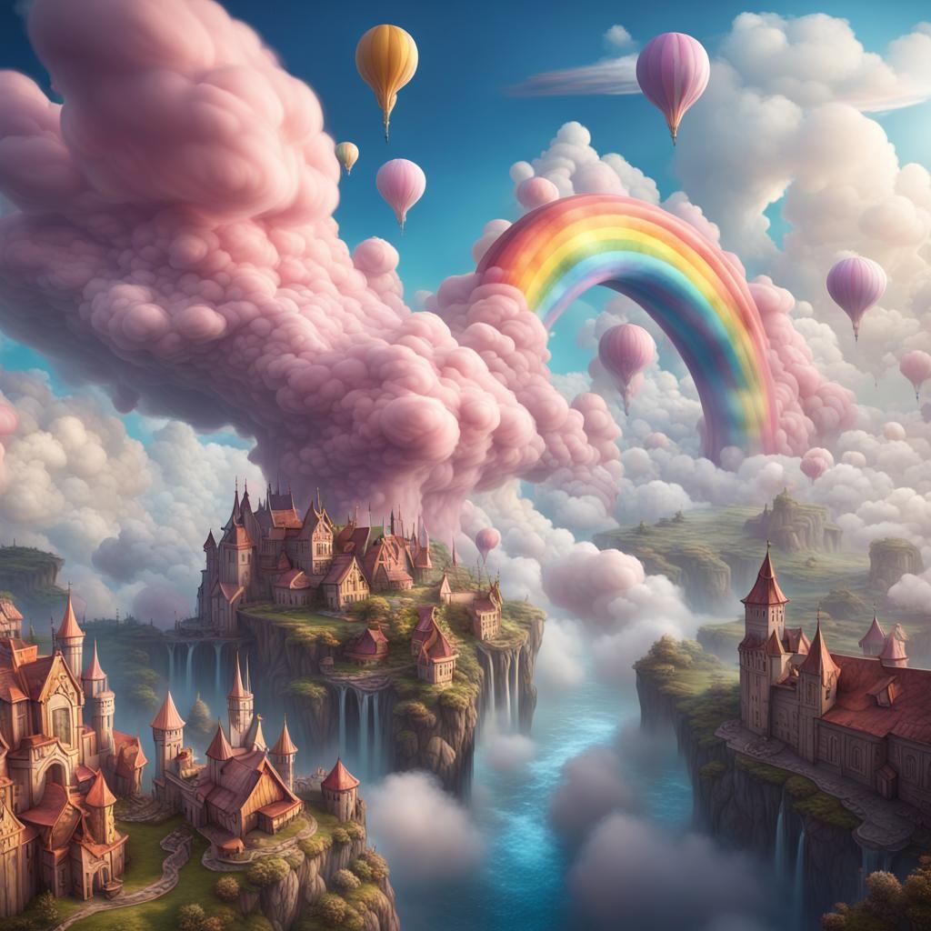 A fantasy world in the clouds. The clouds are sweet like cot...
