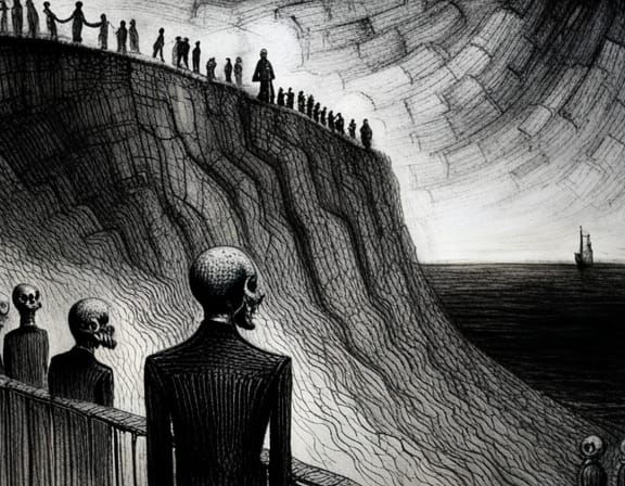 {A crowd of hungry, desperate people climb a stone cliff}!! art by {Edward Gorey, HR GIGER ...