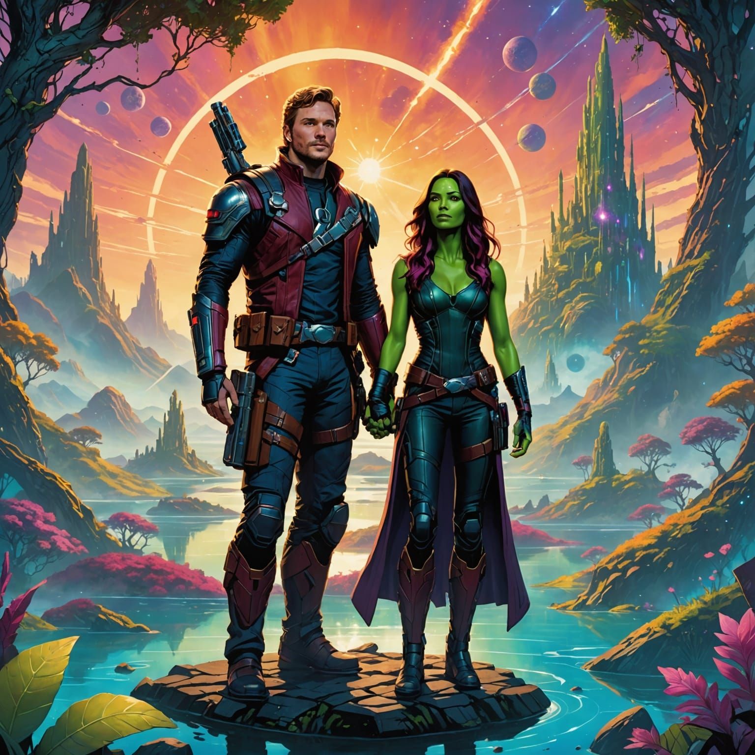 Gamora and Star-Lord standing together in an ethereal world  by @A handsome lad