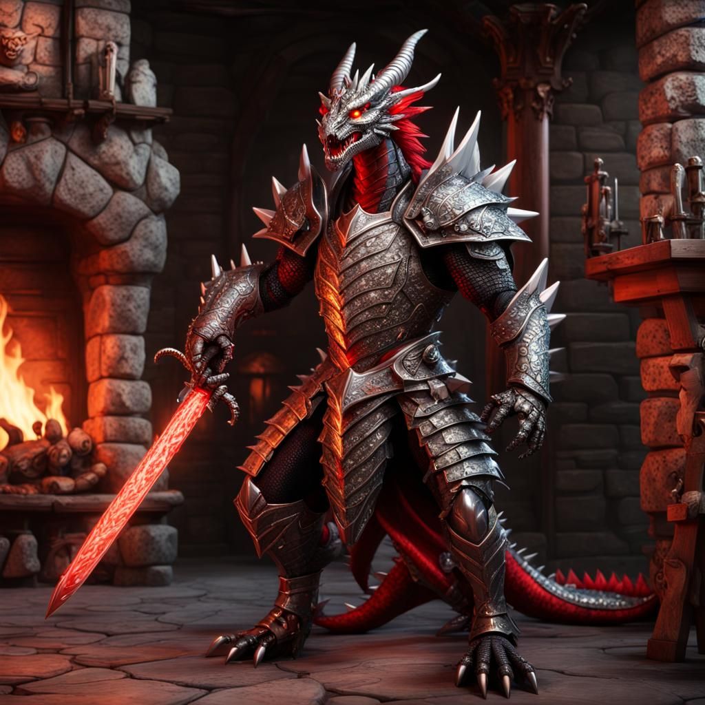 Photorealistic male draconic dragon born Character with black scaly skin and glowing red eyes. He has a huge muscular fr...