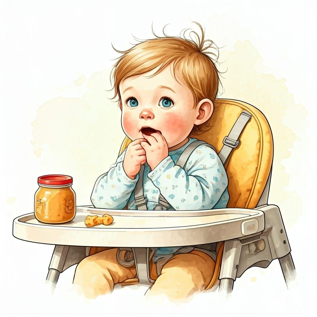 Baby Eating in a Cozy Kitchen, Watercolor Style