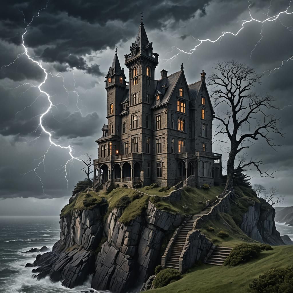 "A cursed manor perched precariously on the edge of a cliff,...