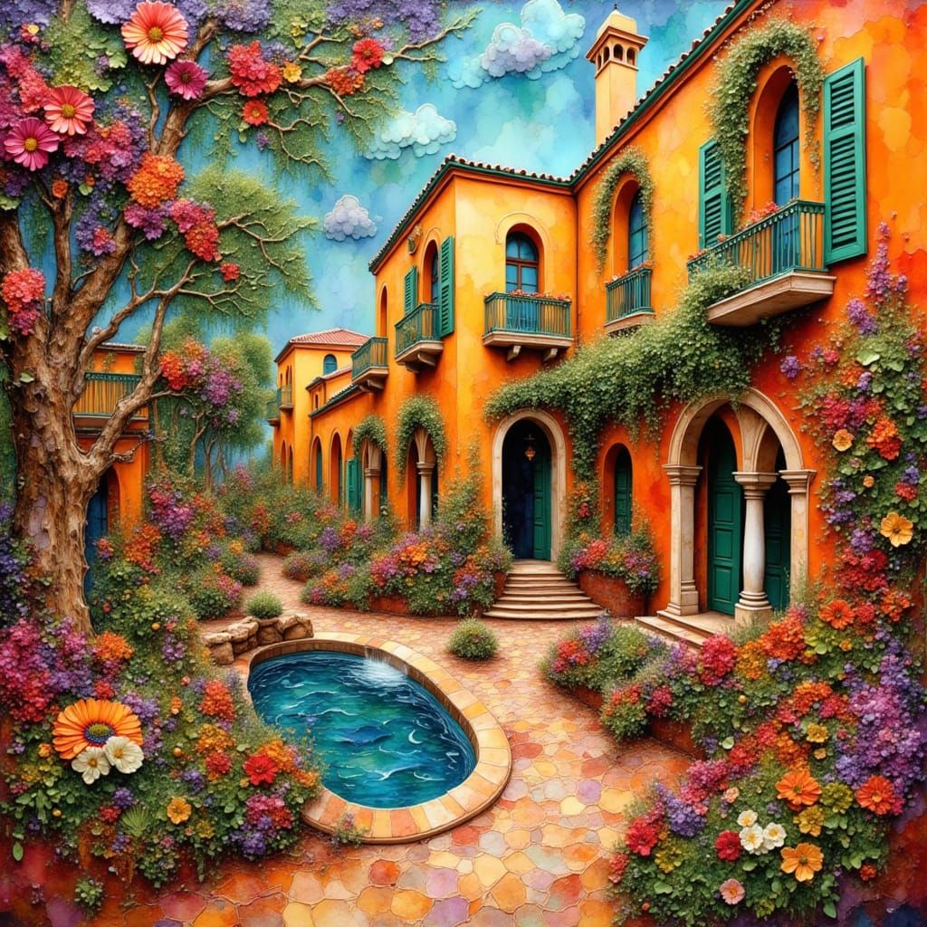 <lora:alcoholink:1.0> Beautiful abstract collage of an italian courtyard, gold resin, maximalist garden w/colorful flowers and mediteranean ...