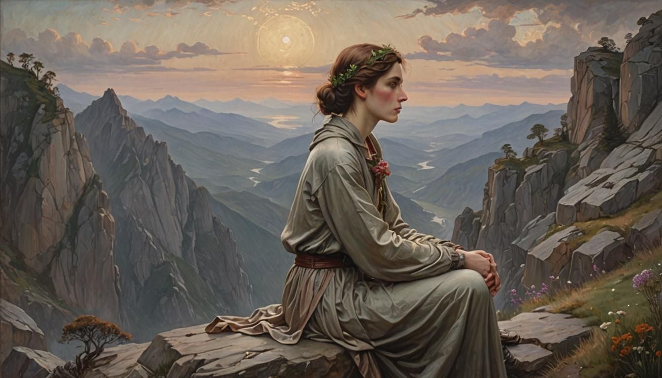 Contemplative Androgynous Figure on Mountain, Detailed Oil P...