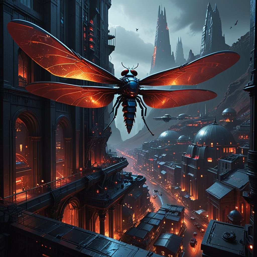 A bustling futuristic city built within the caldera of a dormant volcano, its architecture a blend of sleek, chrome skyscrapers and ornate, ...