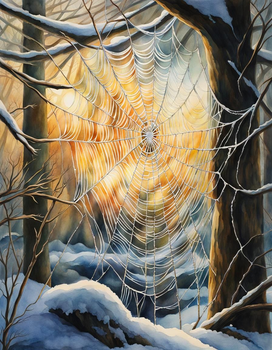 An intricately detailed spider web captured in a watercolor painting