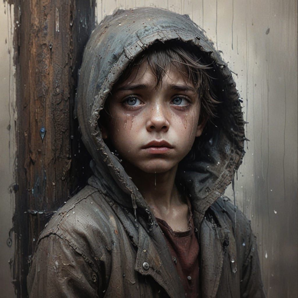 Sad Boy Weeping Pearl of Sorrow in Digital Painting