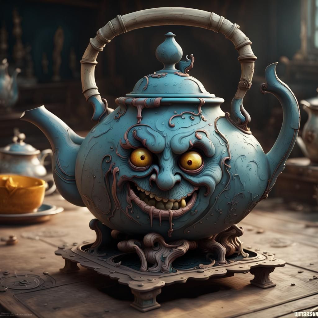 Deformed teapot.  Badly made.  Bizarre shape.  Poorly painted. detailed matte painting, deep color, fantastical, ...  by @bigbadron