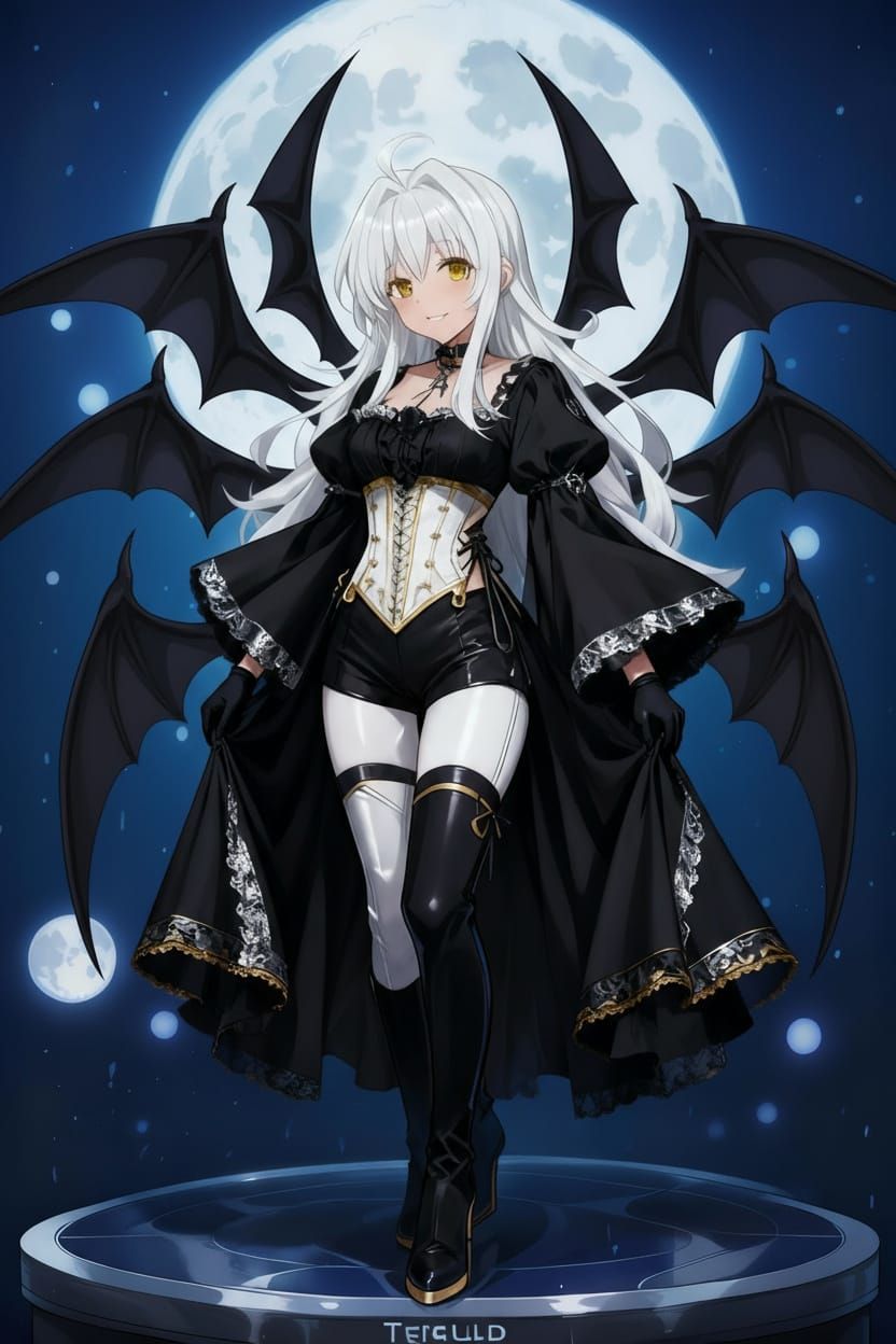 Gabriel standing with the moon behind her and her pure white hair cascading gracefully around her. Her huge chest and curvy figure are accen... - Start Image 2
