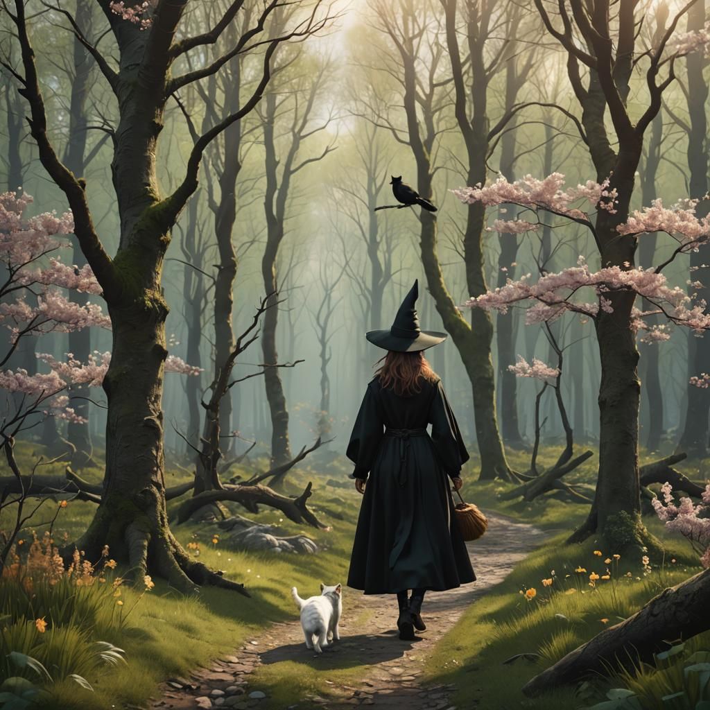 a young witch and a cat are walking in the spring forest