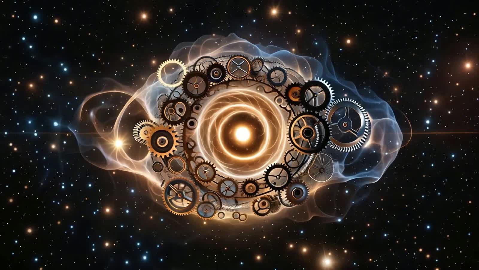 A celestial clockwork nebula drifts through the cosmic void, its intricate gears and springs made of starlight and nebul...