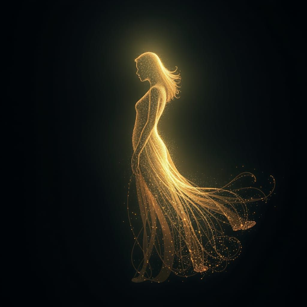A captivating female silhouette emerges from the interplay of light
particles and shadows in a darkened, minimalist space. The woman's form...