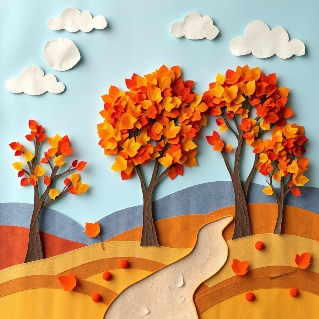 A cozy scene of a fall landscape, built up with textured pap...