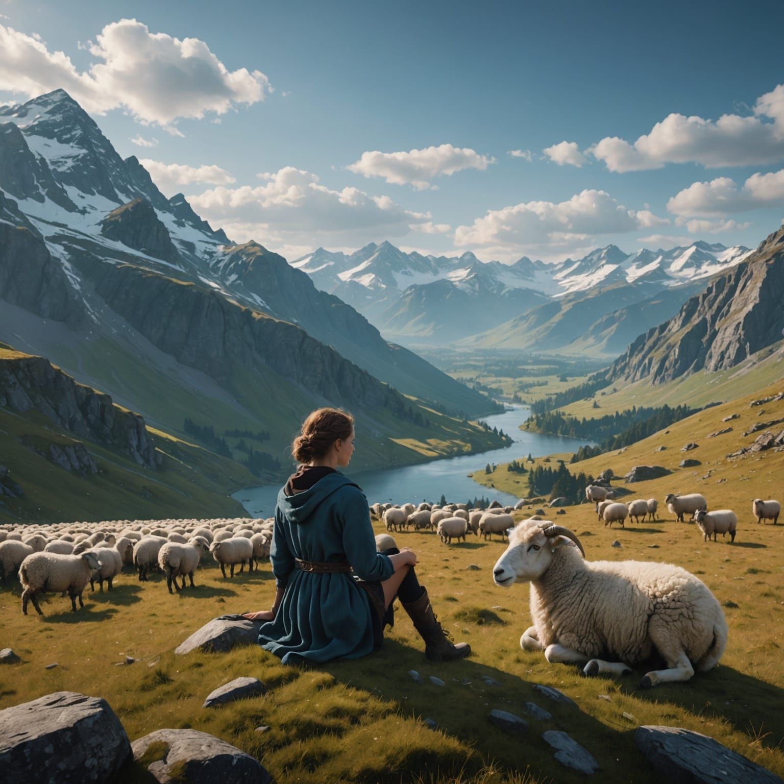 Girl Watching Sheep in Mountain Field, Digital Art