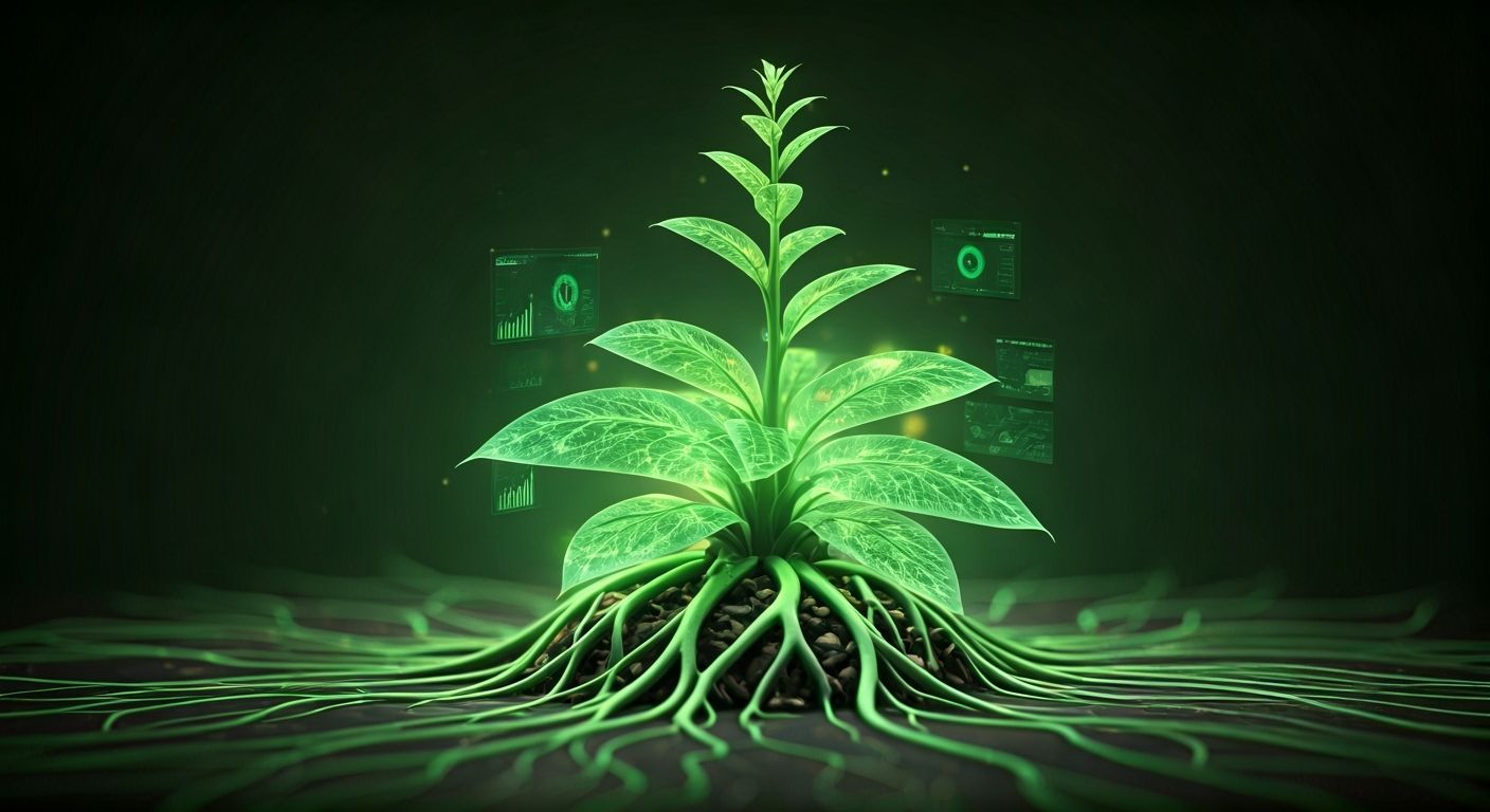 organic HUD for biotech plants, floating leaf-like data nodes, green glowing tendrils, pulsing graphs like neural roots, soft light overlays...