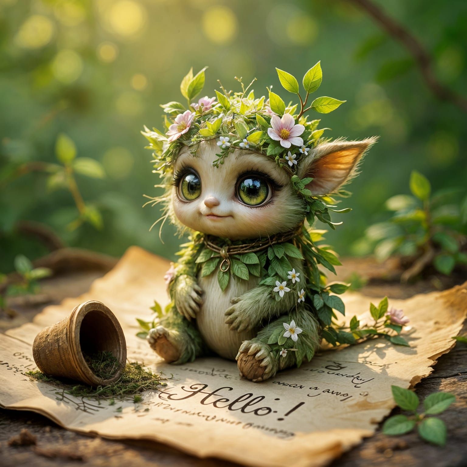 A tiny magical creature made entirely of green plants, moss, and delicate flowers, with large glistening ...  by @Likra