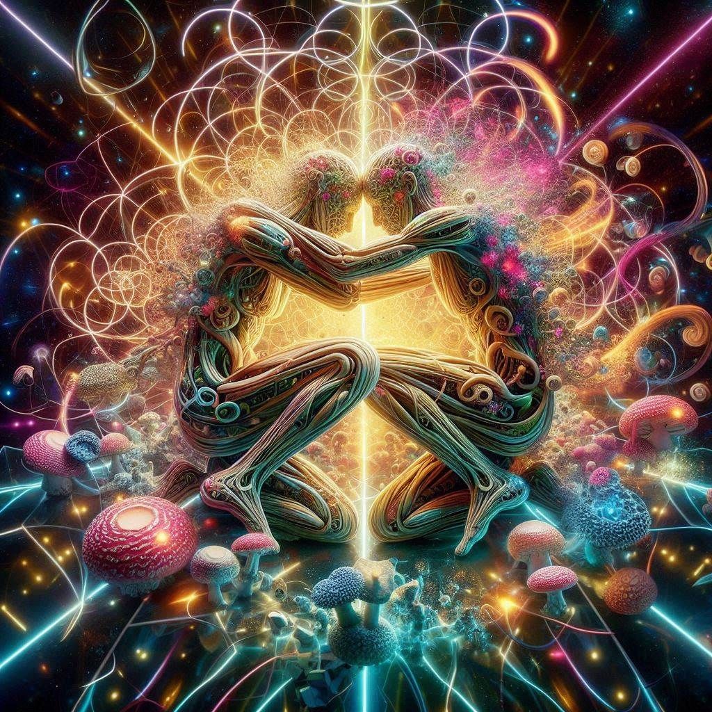 Crazy Mushrooms Wrestling, surrounded by a Labyrinth of light