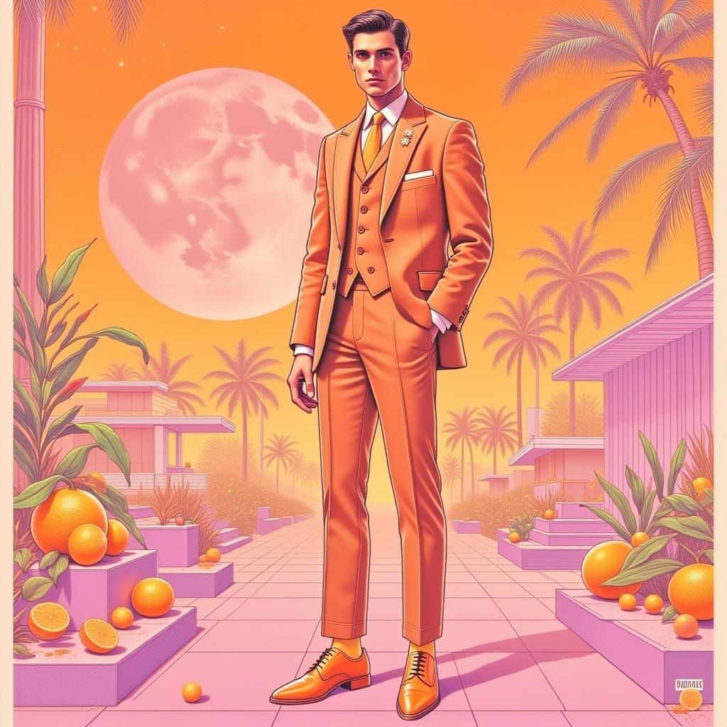 <lora:LightPeachVapor:1.0> 1920s man; peach filter, film grain, collage digital comic illustration, full length portrait sticker dynamic po...