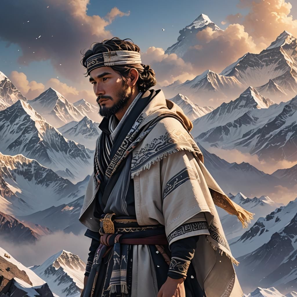 Man Prays on Mount Everest: Anime-Inspired 3D Art