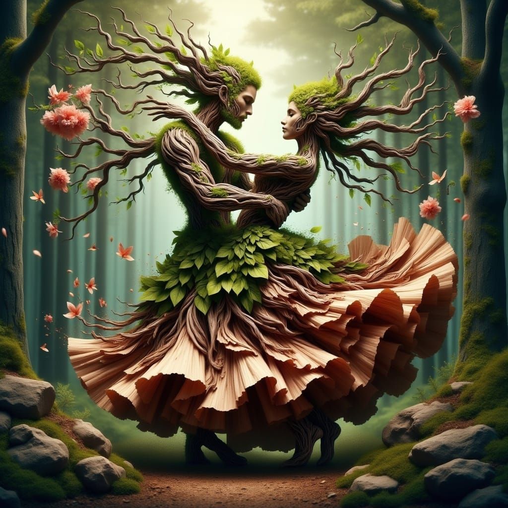 Proportionate Dryad woman in ballgown made of Sakura petals and bark, dancing with stone man <lora:Terra Flux:1.0> beautiful forest 