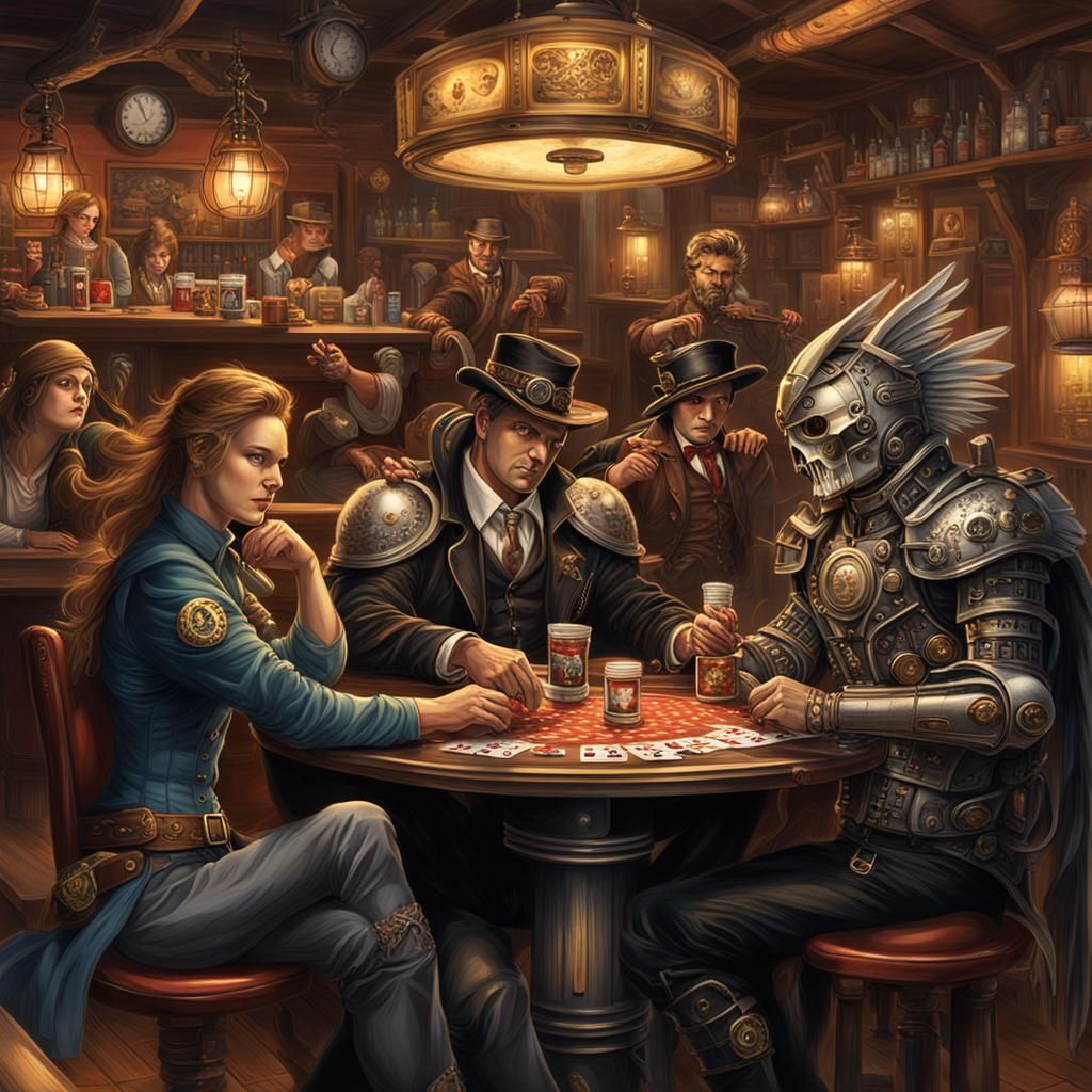 Archangel Michael sitting with Lucifer playing poker in a ba...