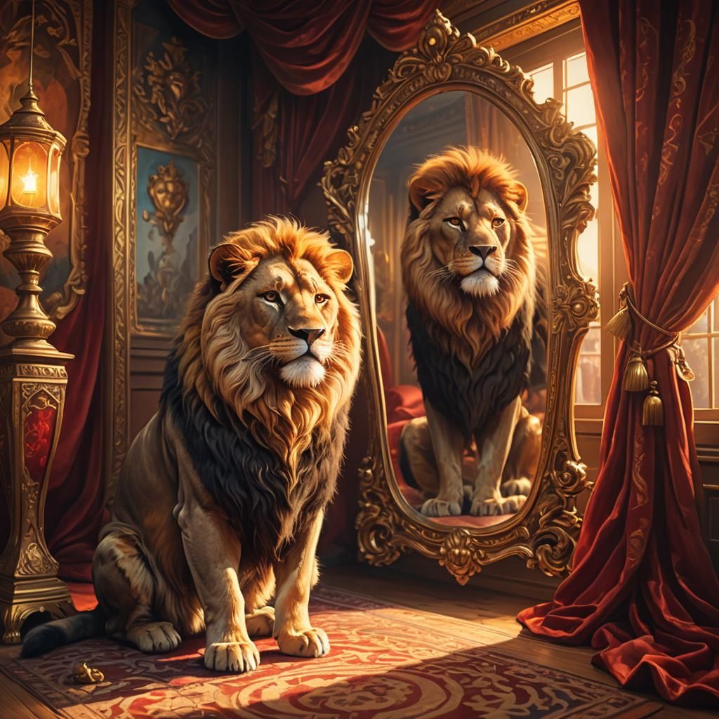 Cat Sees Lion Reflection: Whimsical Fantasy Art