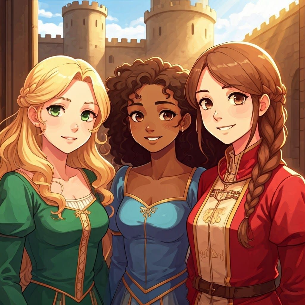 Three Girls in Castle Courtyard, Anime Digital Art