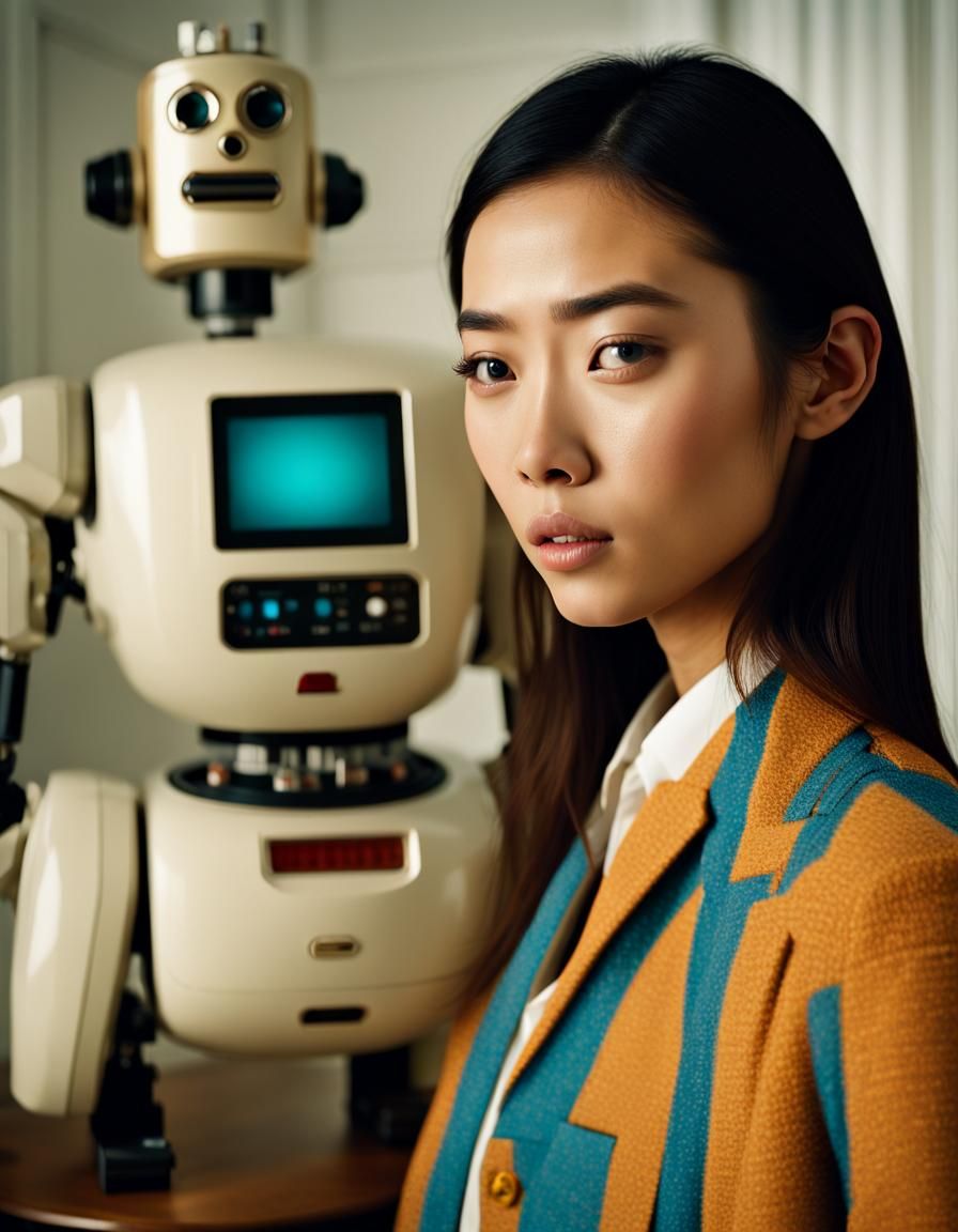 Beautiful 20 year old asian model face, with a robot body, standing in a wes anderson living room.