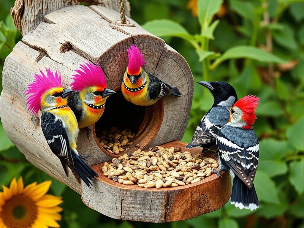 camera begins to pivot from one side to the other keeping centered and focused  on the birds,
 A rustic wooden log bird feeder weathered to ...