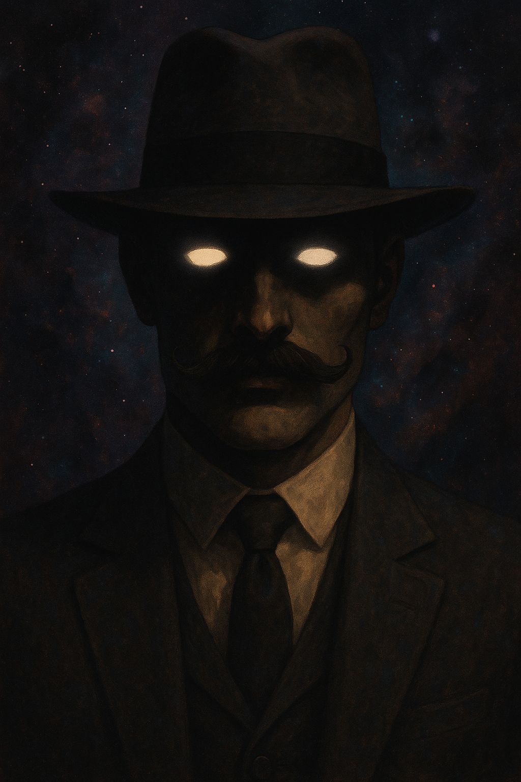 Mysterious Man in Fedora with Glowing Eyes