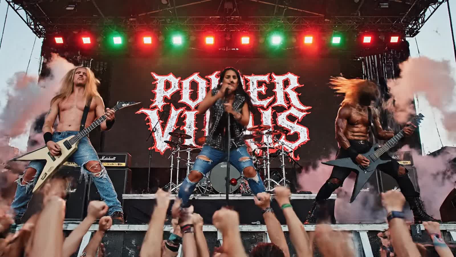 A rock metal band heading at an outdoor stage, the name is "Power Virus"