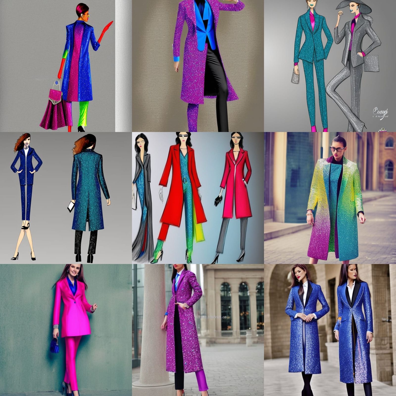 Elegant sparkling vibrant coloured suit with a long coat fas...