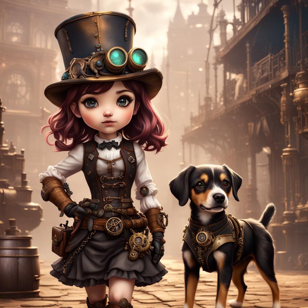 A very young_girl and her dog. Steampunk style, Chibi style.   by @High Desert