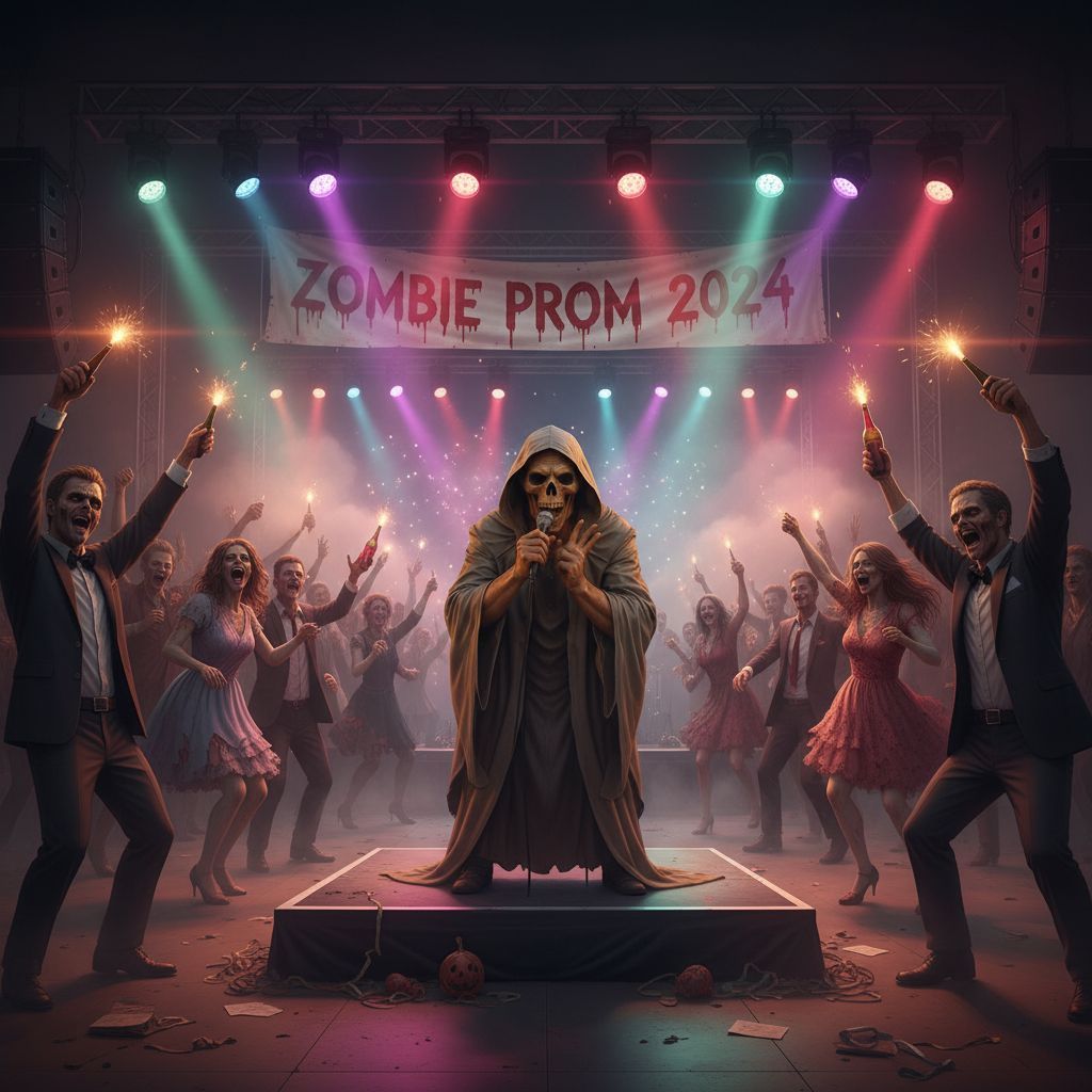 A haunted new years ball with ghostly confetti, undead party hats, and a dance floor full of spirits while Rock you like a hurricane song pl... - Start Image 2