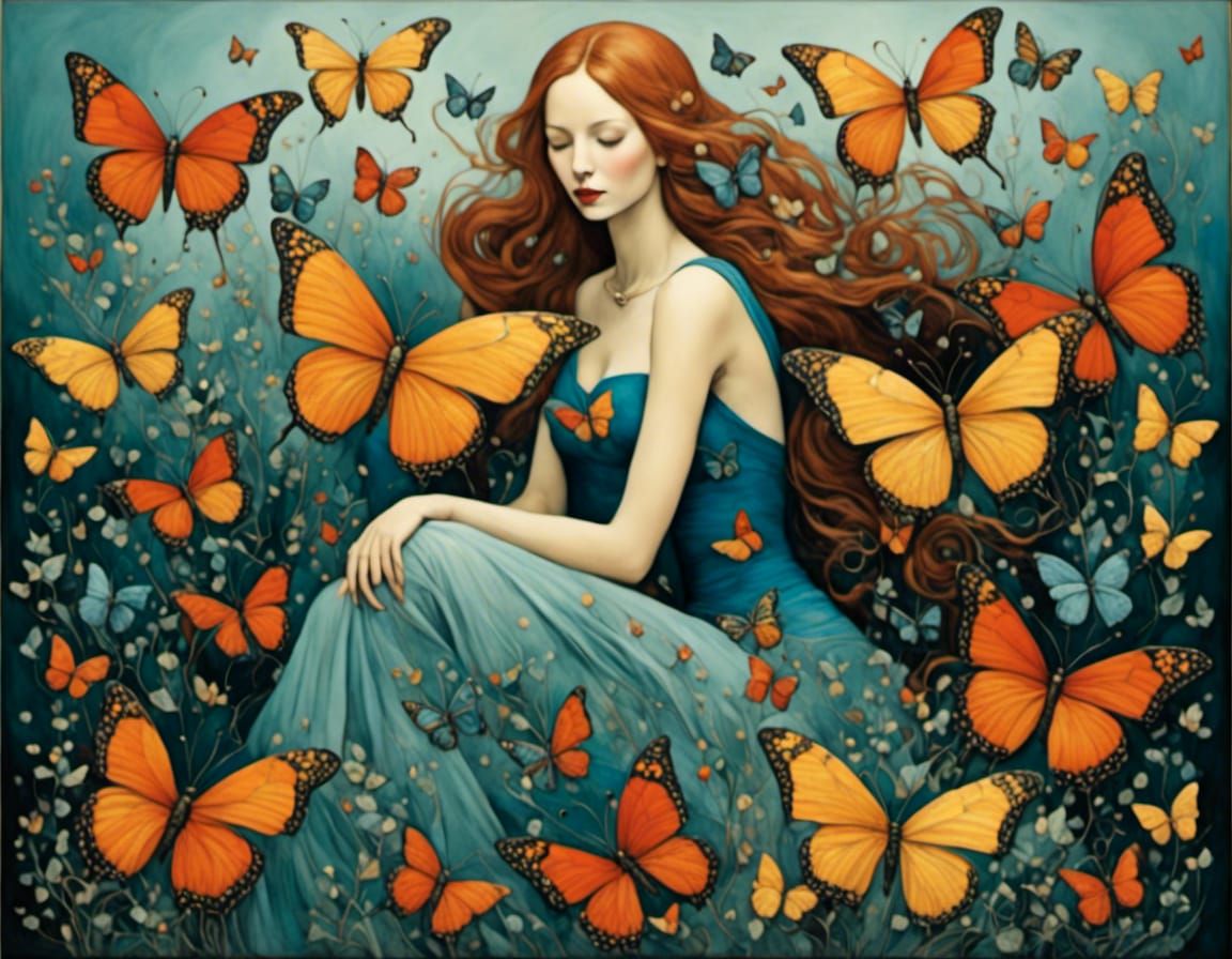 woman sitting down with butterflies