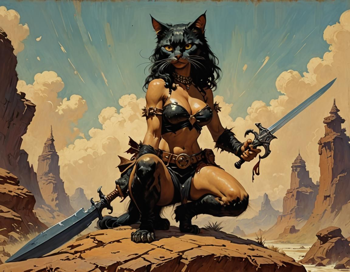 Kitty girl in the style of Frank Frazetta