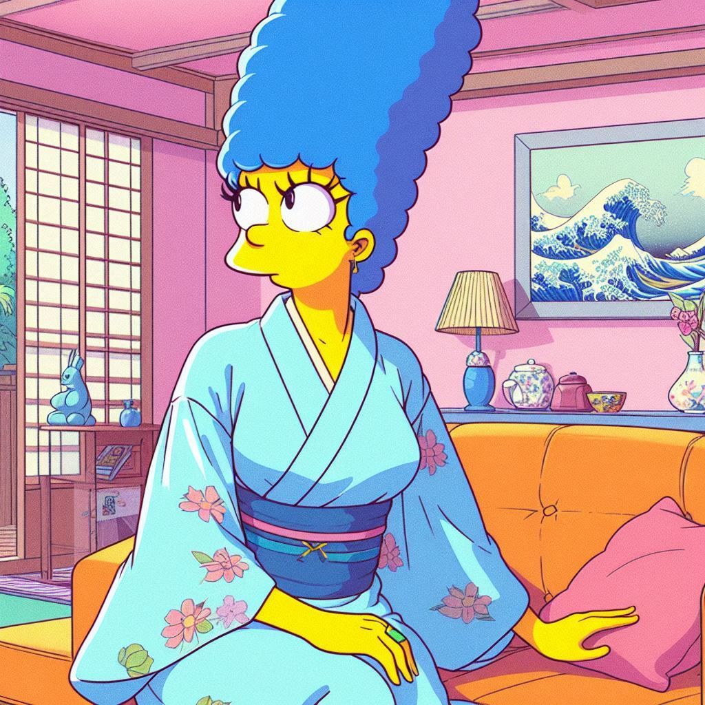 a 1980s anime style image of Marge Simpson drawn in human an...