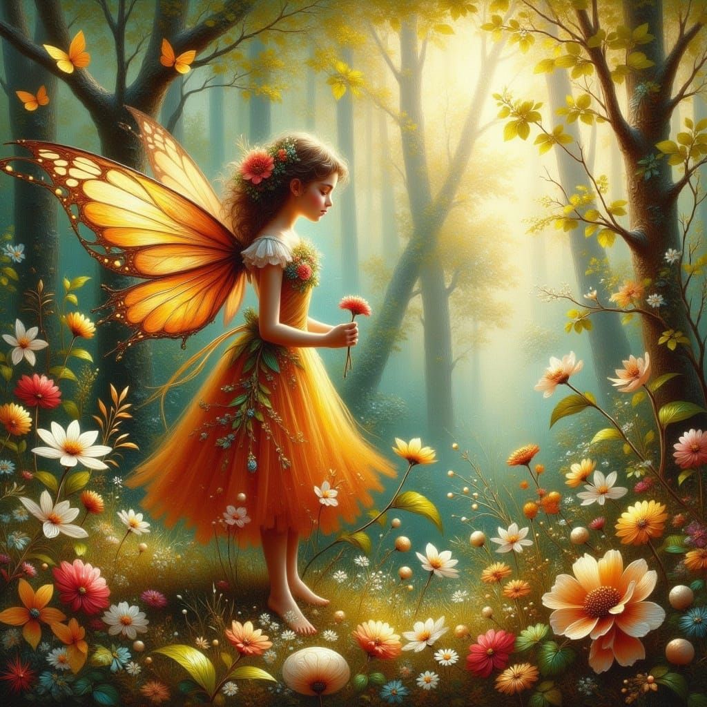 <lora:Oil-HD 2 Flux:1.0> hyper detailed intricate hyper realistic antique fairy in a magical forest gritty grunge antique watercolor style w...