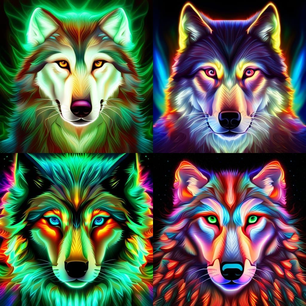 Wolf , Psychedelic Kaleidoscopic Glowing, Bioluminescent, Neon ...