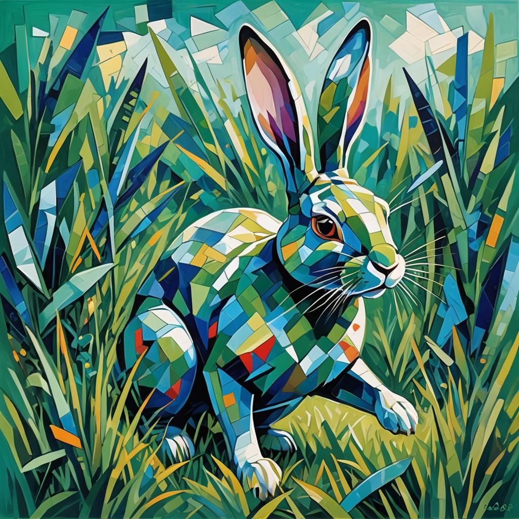 A small rabit hopping through a grassy green field