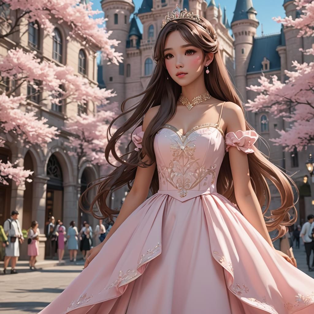 Pink pastel dress with long brown hair and in front of cherr...