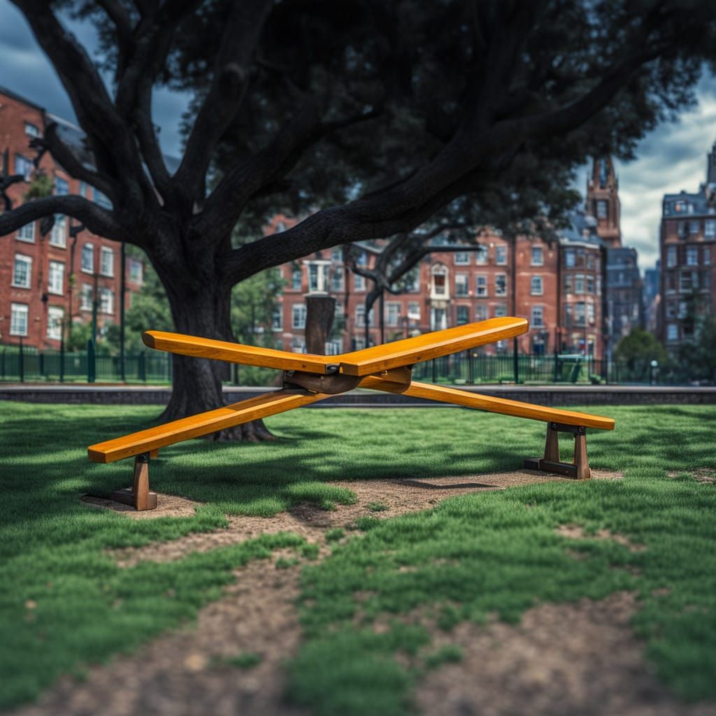 A seesaw teeter totter in a playground. intricate details, HDR, beautifully shot, hyperrealistic, sharp focus, 64 megapixels, perfect compos...
