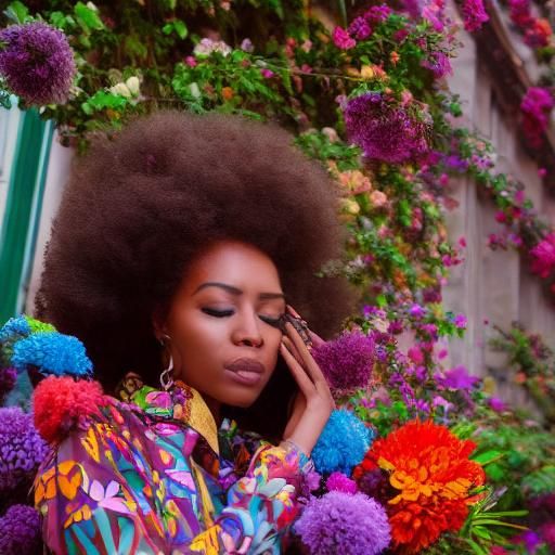 afro, beautiful woman, colorful flowers, walking through Par...