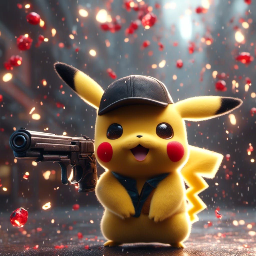 pikachu in a gun shootout in slow motion matrix style <lora:...