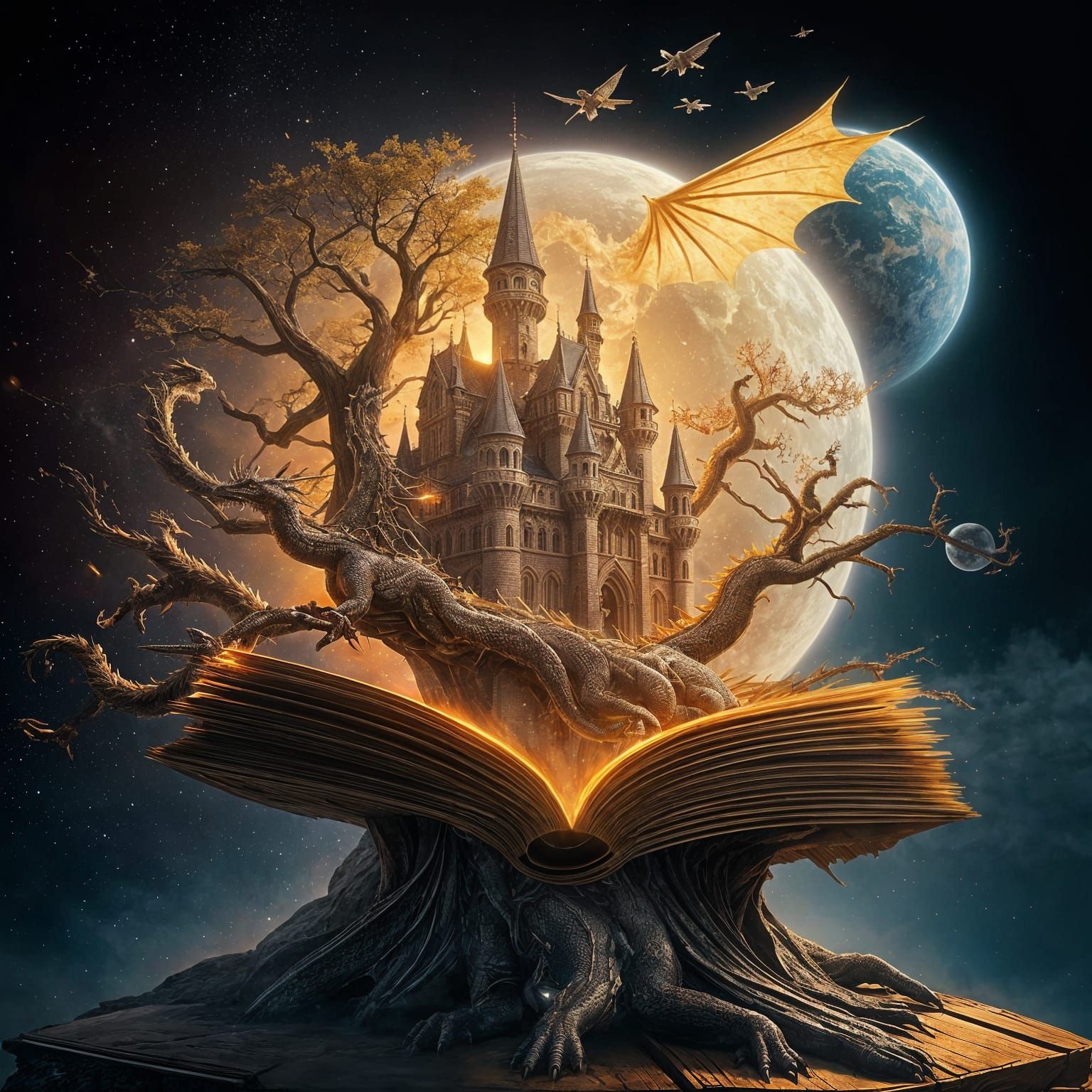 inside an open book double exposure. in the foreground grows a huge tree in the crown of which is located ...  by @Likra