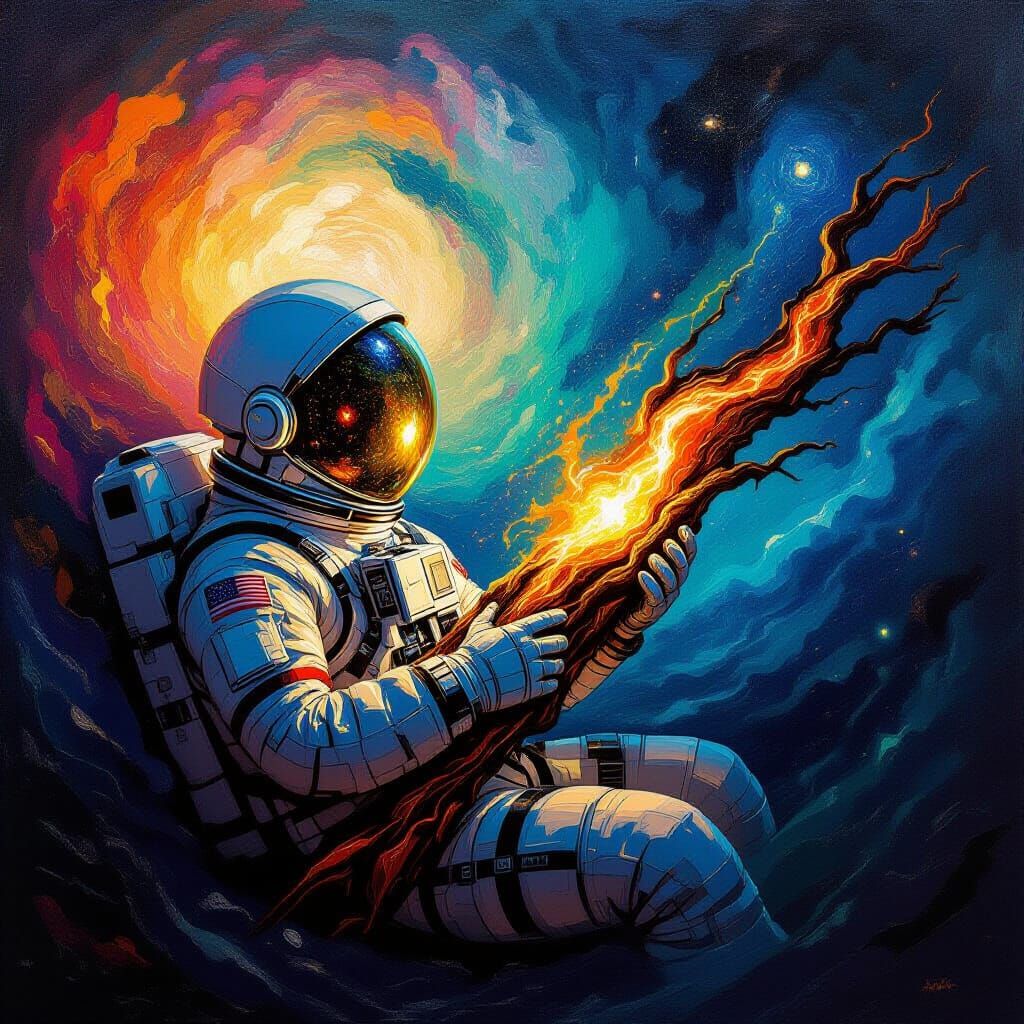 An astronaut adrift in a nebula, clutching a piece of ancient, glowing wood. The wood pulses with cosmic energy, illuminating the astronaut'...