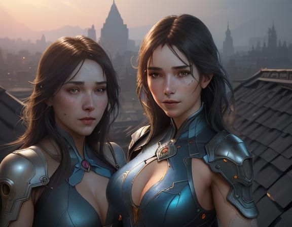 Three Beautiful ladies un body suit, on a roof un the night