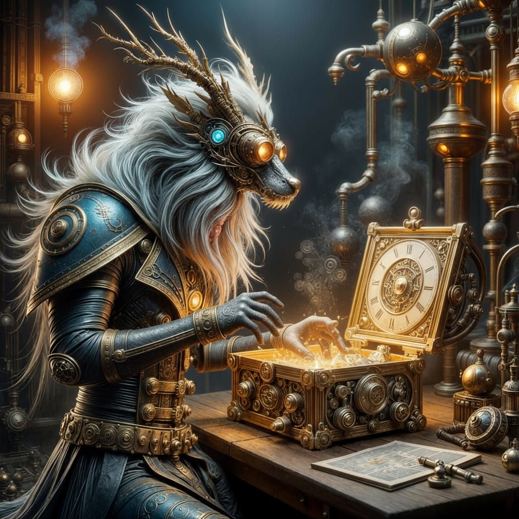 <lora:Ethereal Magic Flux:1.0> <lora:SumnerVision2:1.0> A steampunk-inspired mechanical dragon  wizard meticulously tinkers with a complex, ...